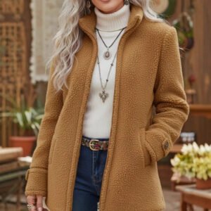 Giacca da donna in pile con cerniera, manica lunga, casual, tinta unita, con collo alto